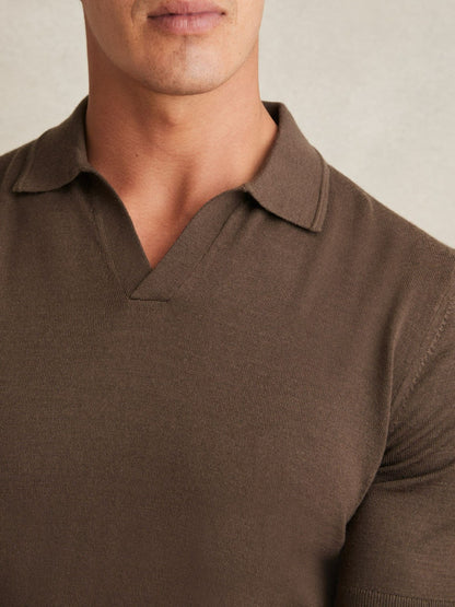 Merino Wool Open Collar Polo Shirt in Chocolate Brown Men | Reiss
