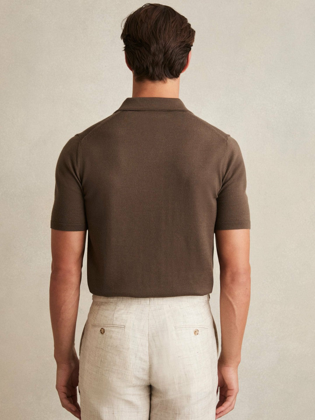 Merino Wool Open Collar Polo Shirt in Chocolate Brown Men | Reiss