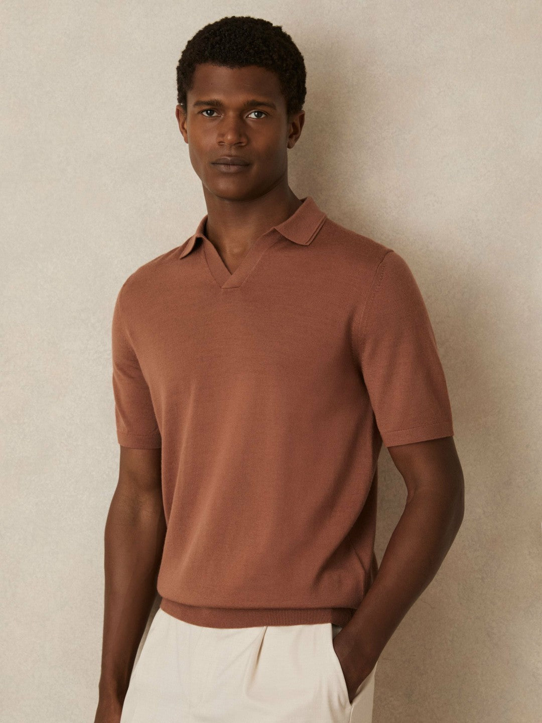 Merino Wool Open Collar Polo Shirt in Cinnamon Brown Men | Reiss