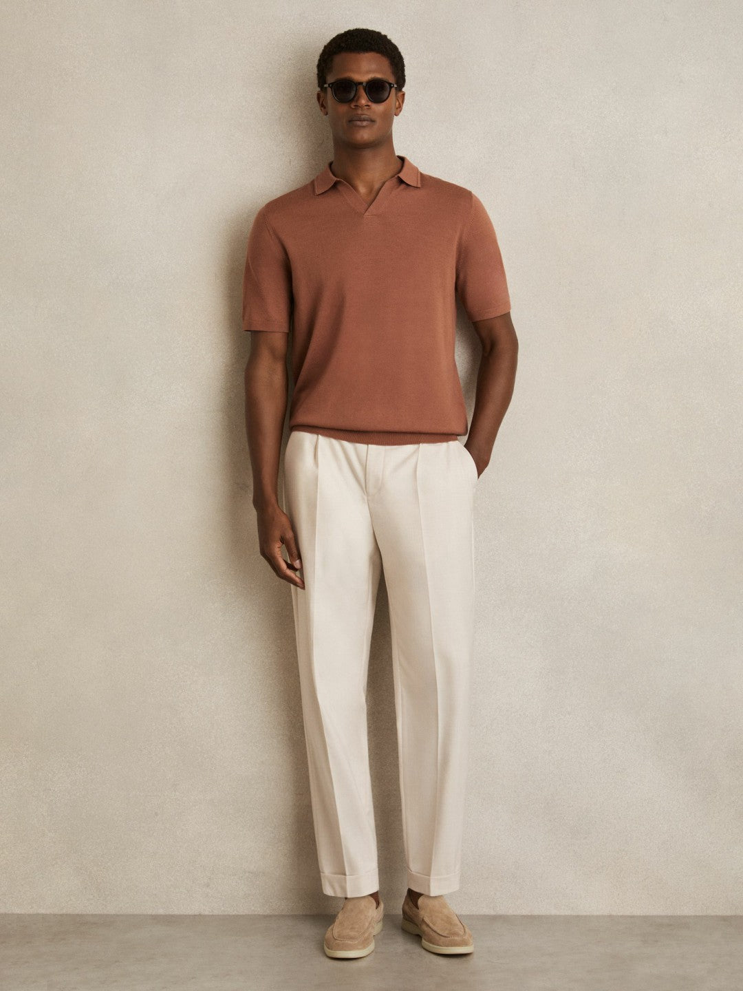Merino Wool Open Collar Polo Shirt in Cinnamon Brown Men | Reiss