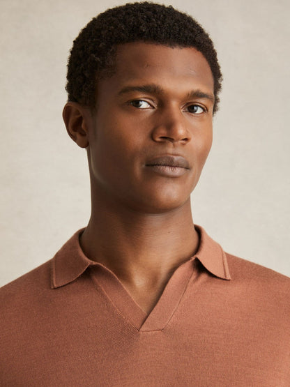 Merino Wool Open Collar Polo Shirt in Cinnamon Brown Men | Reiss