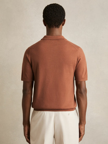 Merino Wool Open Collar Polo Shirt in Cinnamon Brown Men | Reiss