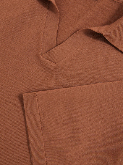 Merino Wool Open Collar Polo Shirt in Cinnamon Brown Men | Reiss