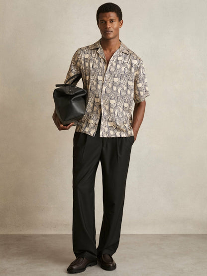 Wave Print Cuban Collar Shirt in Off White/Navy Men | Reiss