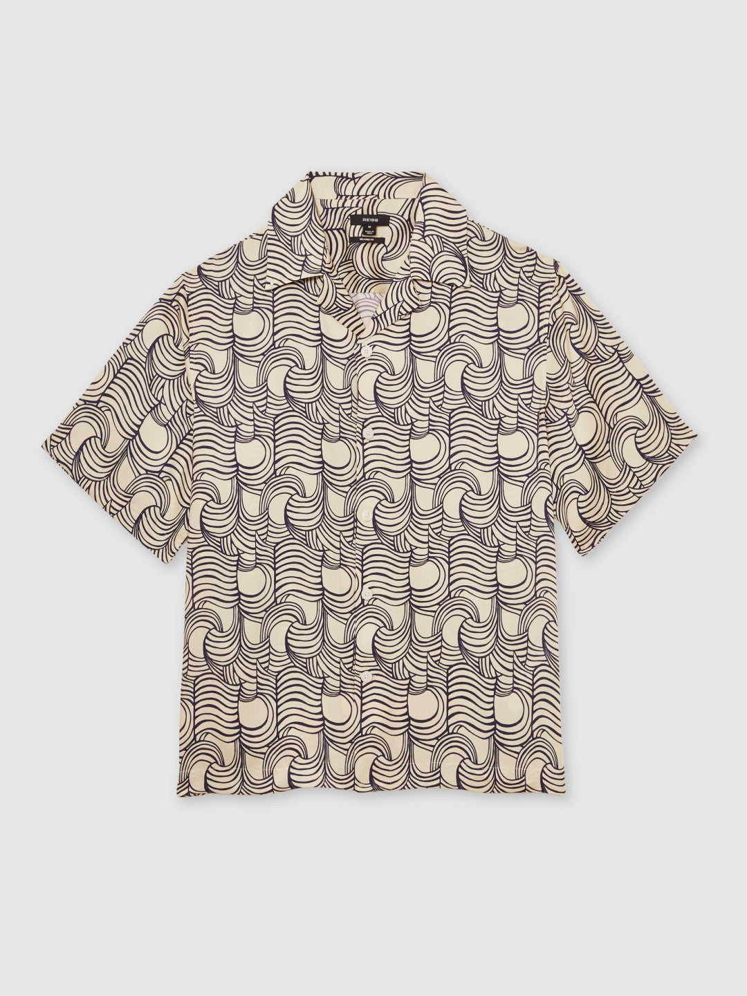 Wave Print Cuban Collar Shirt in Off White/Navy Men | Reiss