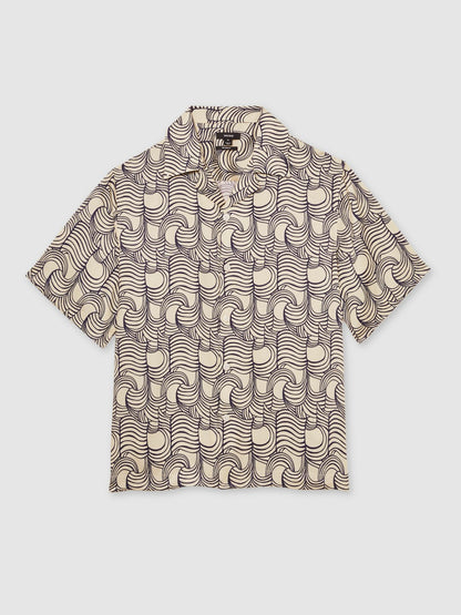 Wave Print Cuban Collar Shirt in Off White/Navy Men | Reiss