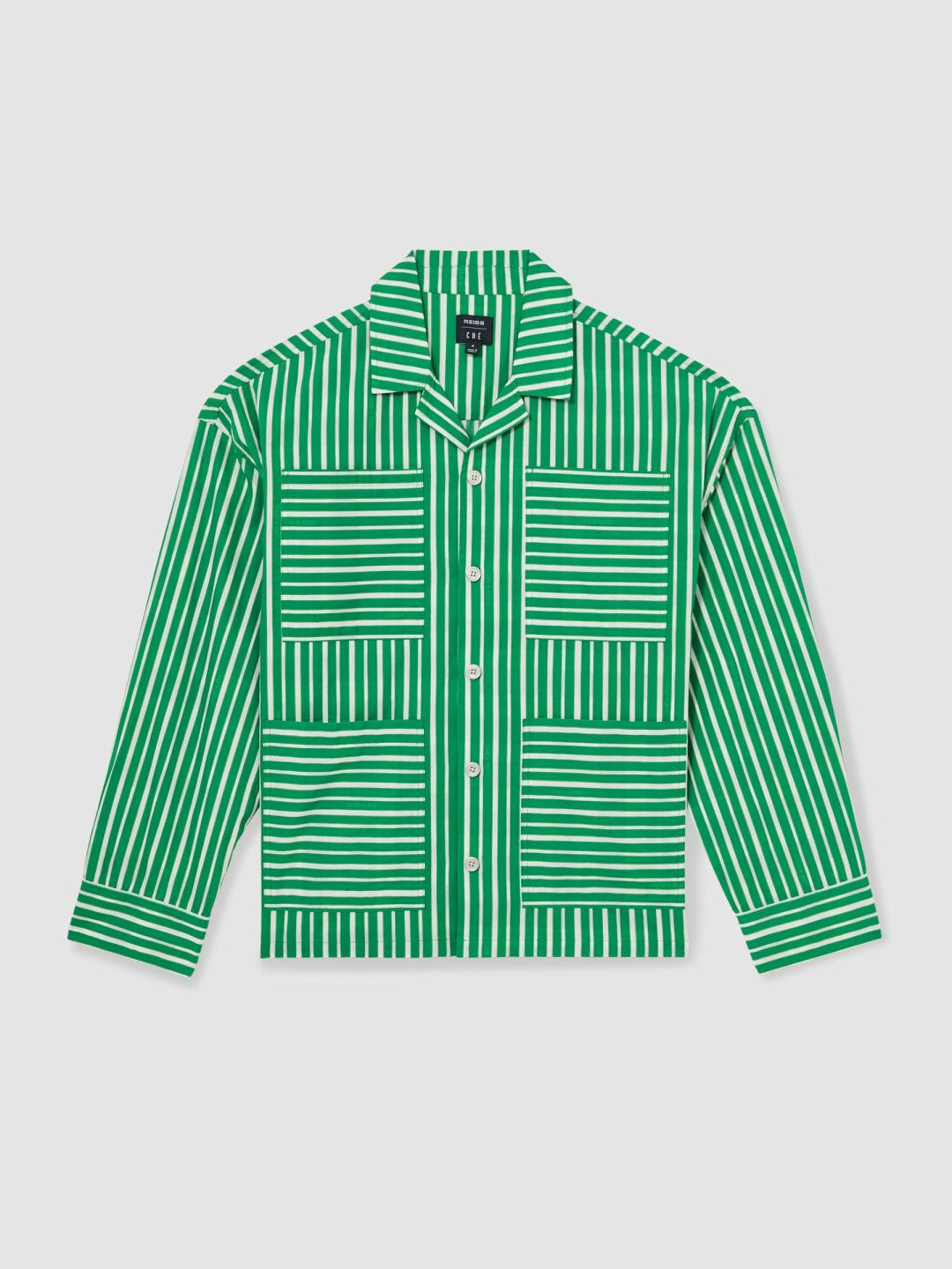 | Ché Poplin Stripe Pocket Shirt in Bright Green/White Men | Reiss