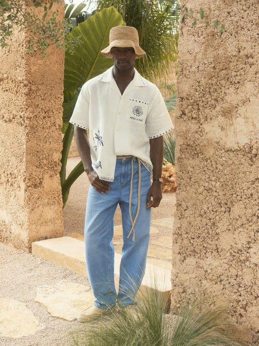 | Ché Cotton-Linen Palm Shirt in White Men | Reiss