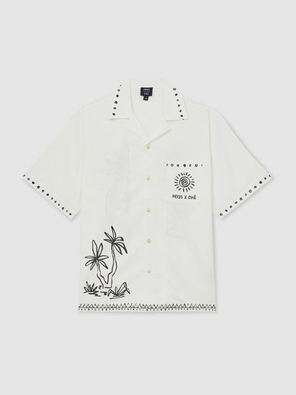 | Ché Cotton-Linen Palm Shirt in White Men | Reiss