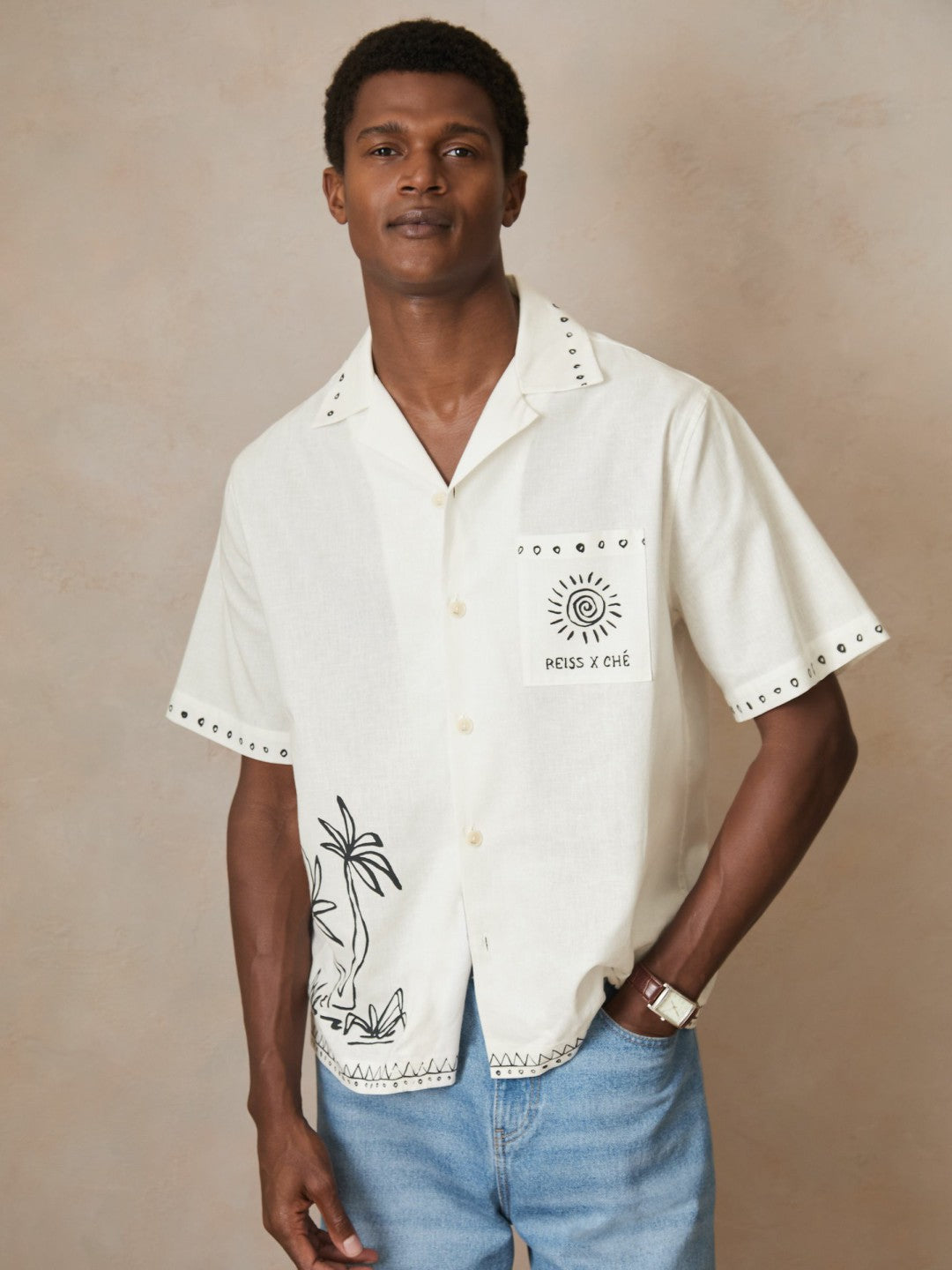 | Ché Cotton-Linen Palm Shirt in White Men | Reiss