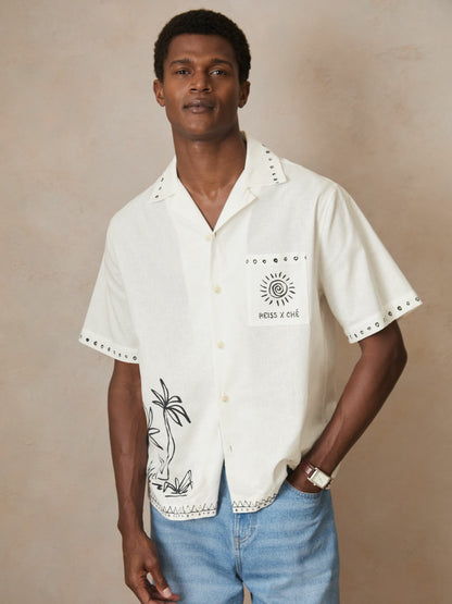 | Ché Cotton-Linen Palm Shirt in White Men | Reiss