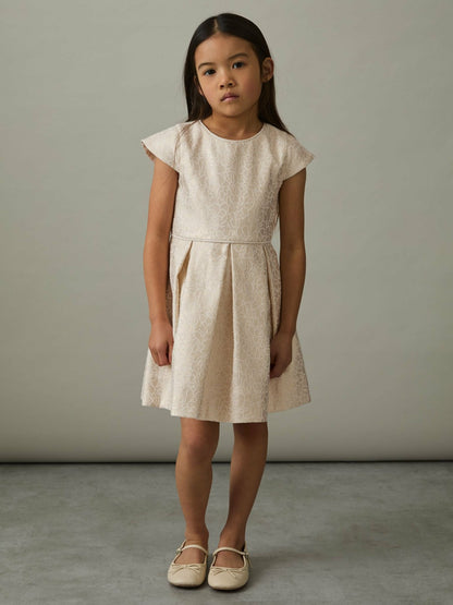 9-13 yrs Brocade Cap-Sleeve Pleated Dress in Ivory Children & Baby | Reiss