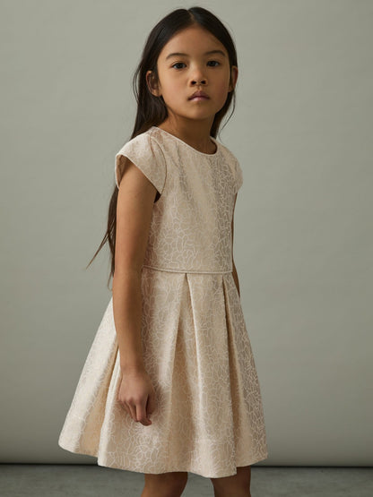 9-13 yrs Brocade Cap-Sleeve Pleated Dress in Ivory Children & Baby | Reiss