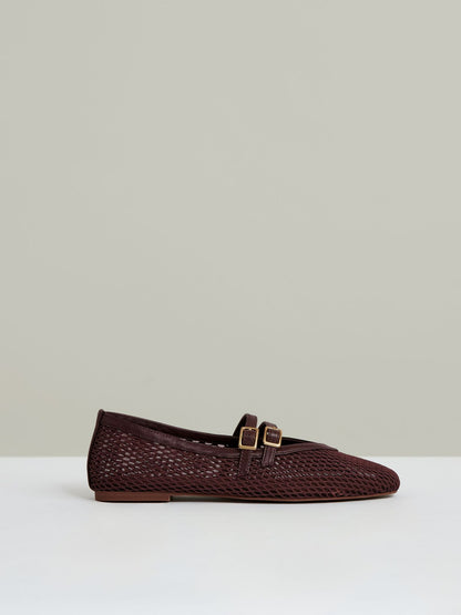 Mesh Double-Strap Ballet Flats in Oxblood Women | Reiss