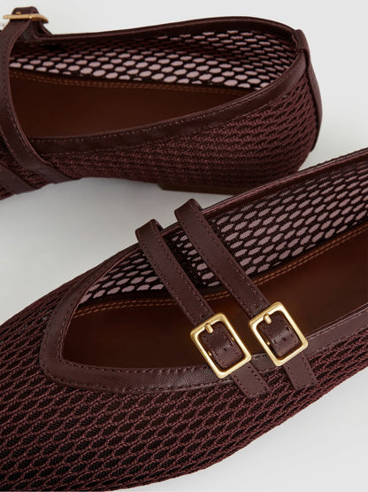 Mesh Double-Strap Ballet Flats in Oxblood Women | Reiss