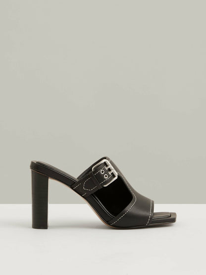 Leather Buckle Block-Heel Sandals in Black Women | Reiss