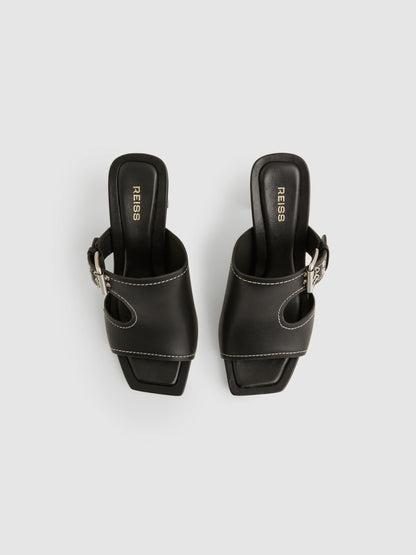 Leather Buckle Block-Heel Sandals in Black Women | Reiss