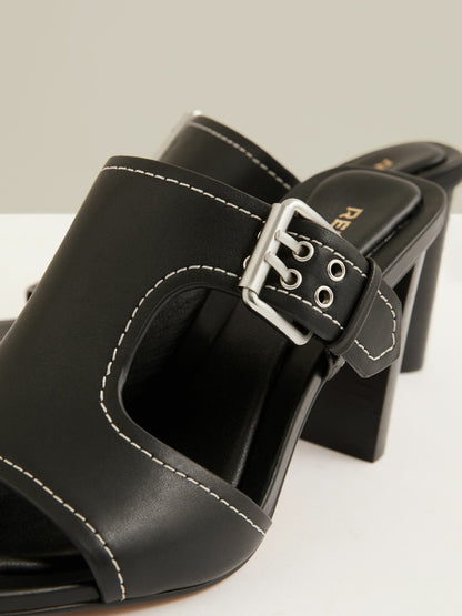 Leather Buckle Block-Heel Sandals in Black Women | Reiss