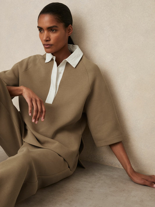 Cotton-Blend Interlock Collar Sweatshirt in Camel Women | Reiss