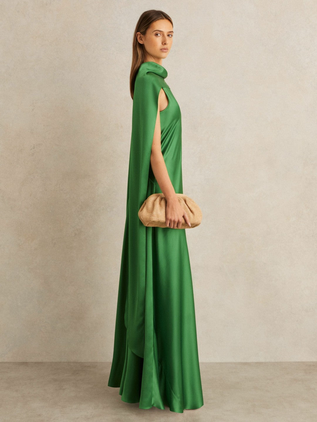 Petite Satin Cape Maxi Dress in Green Women | Reiss
