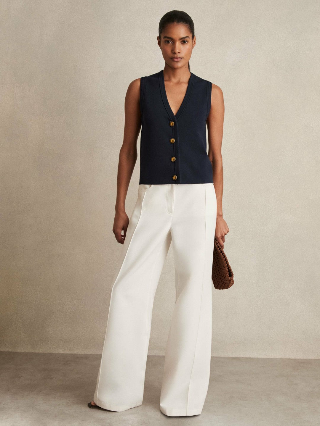 Knitted Button Through Vest in Navy Women | Reiss