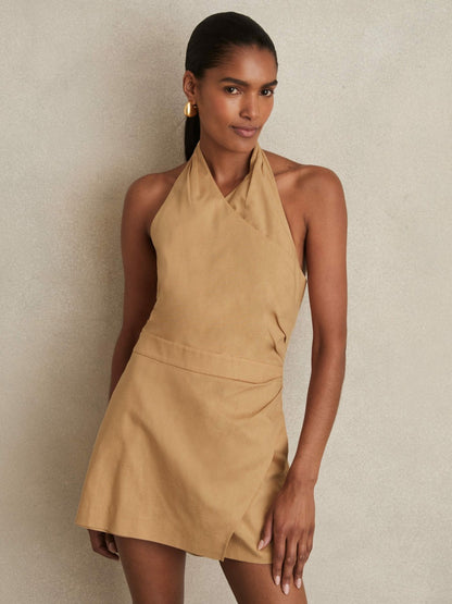 Lyocell Cotton Halter Skort Playsuit in Camel Women | Reiss