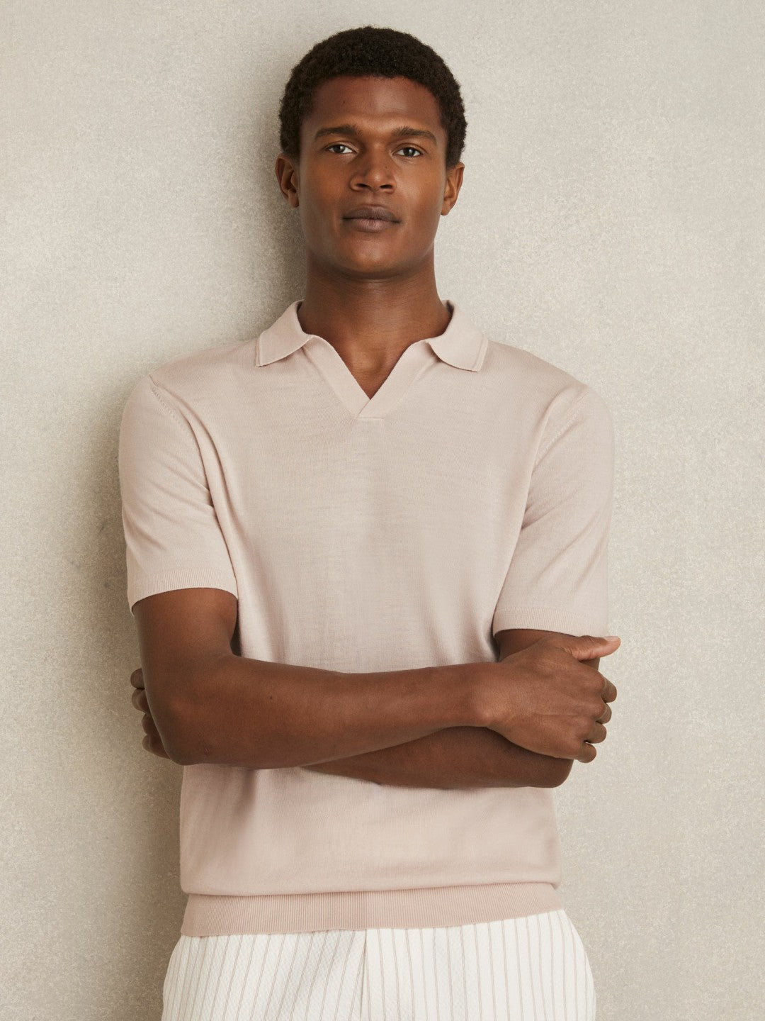 Merino Wool Open Collar Polo Shirt in Beige Men | Reiss