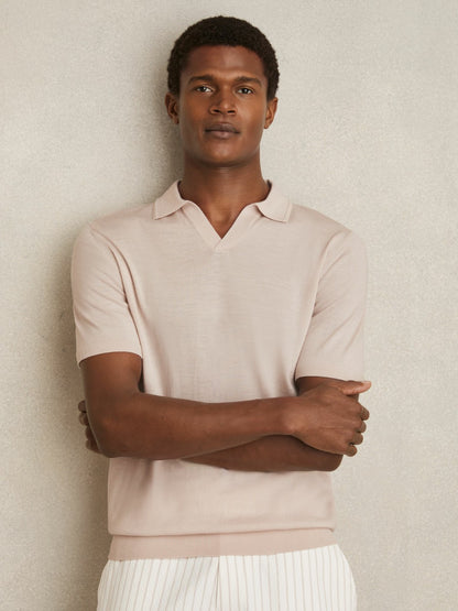 Merino Wool Open Collar Polo Shirt in Beige Men | Reiss