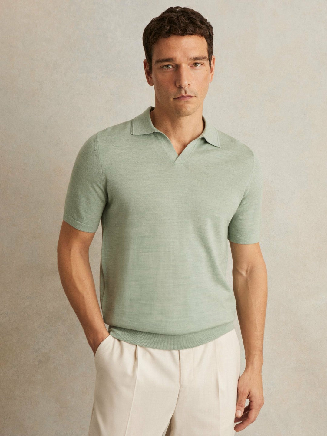 Merino Wool Open Collar Polo Shirt in Sage Green Melange Men | Reiss
