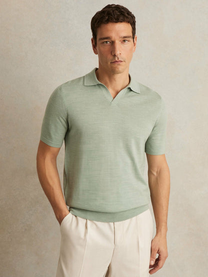 Merino Wool Open Collar Polo Shirt in Sage Green Melange Men | Reiss