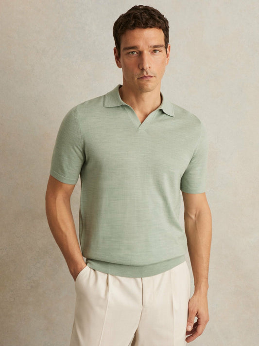 Merino Wool Open Collar Polo Shirt in Sage Green Melange Men | Reiss