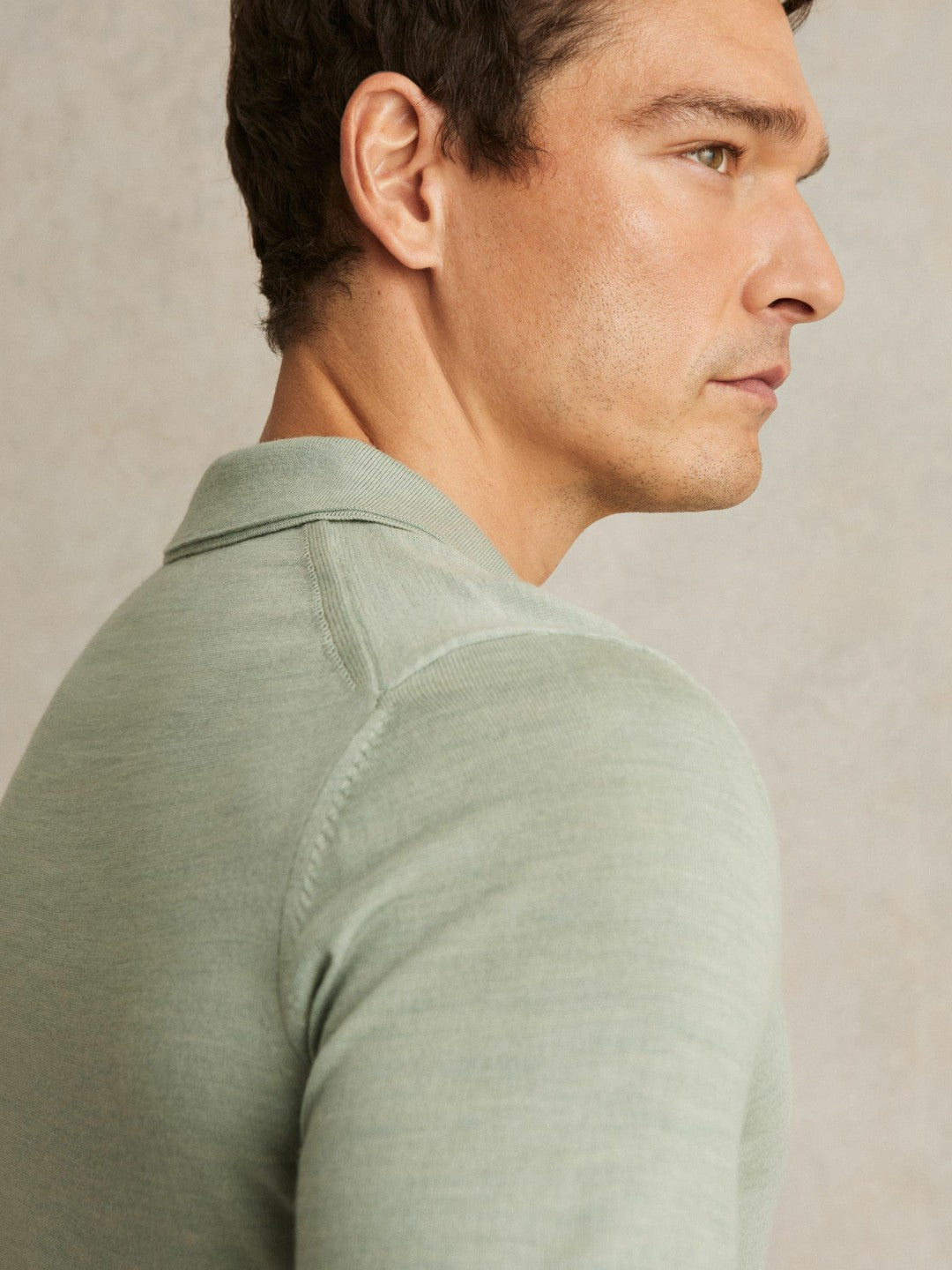 Merino Wool Open Collar Polo Shirt in Sage Green Melange Men | Reiss