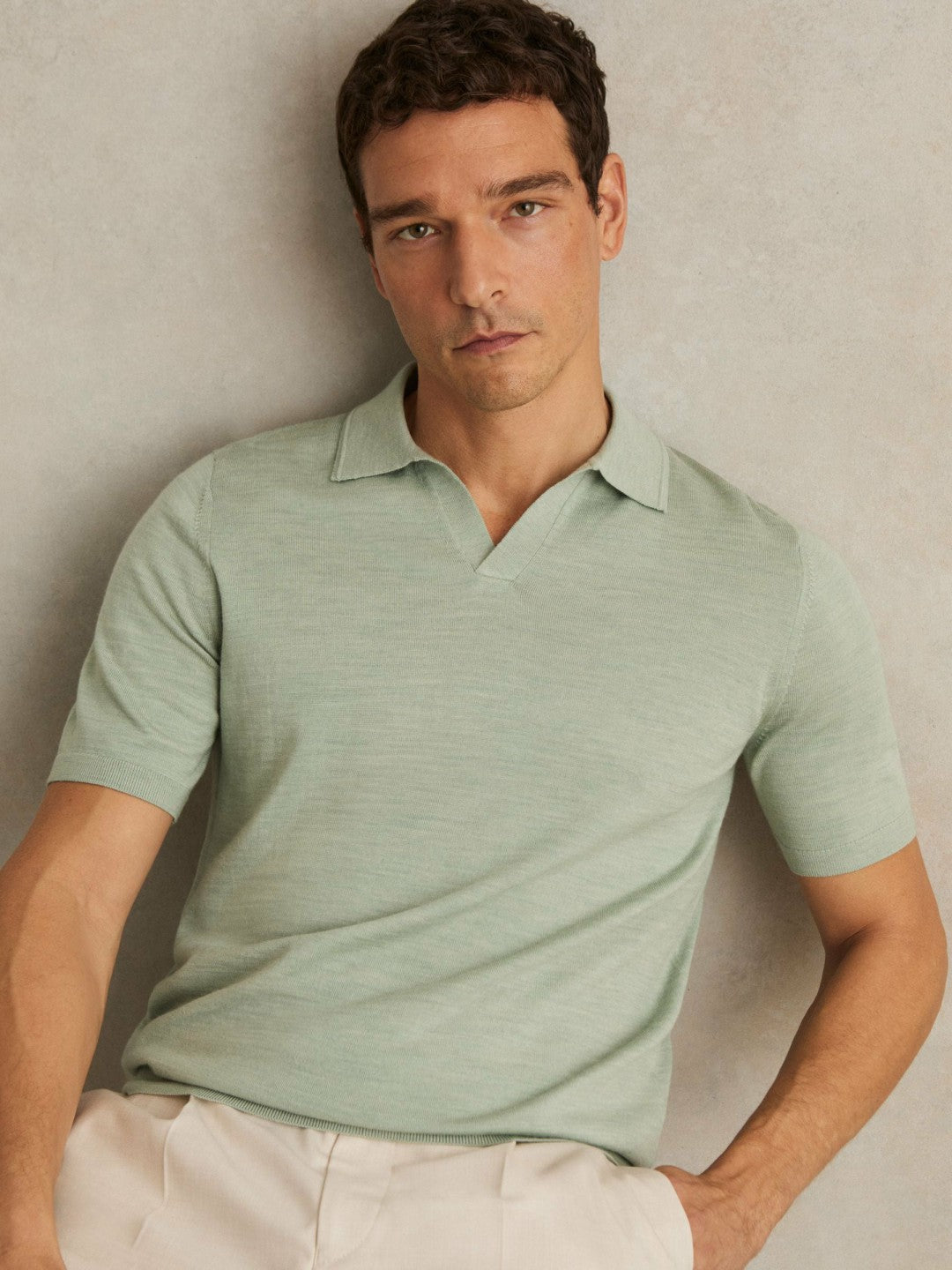 Merino Wool Open Collar Polo Shirt in Sage Green Melange Men | Reiss