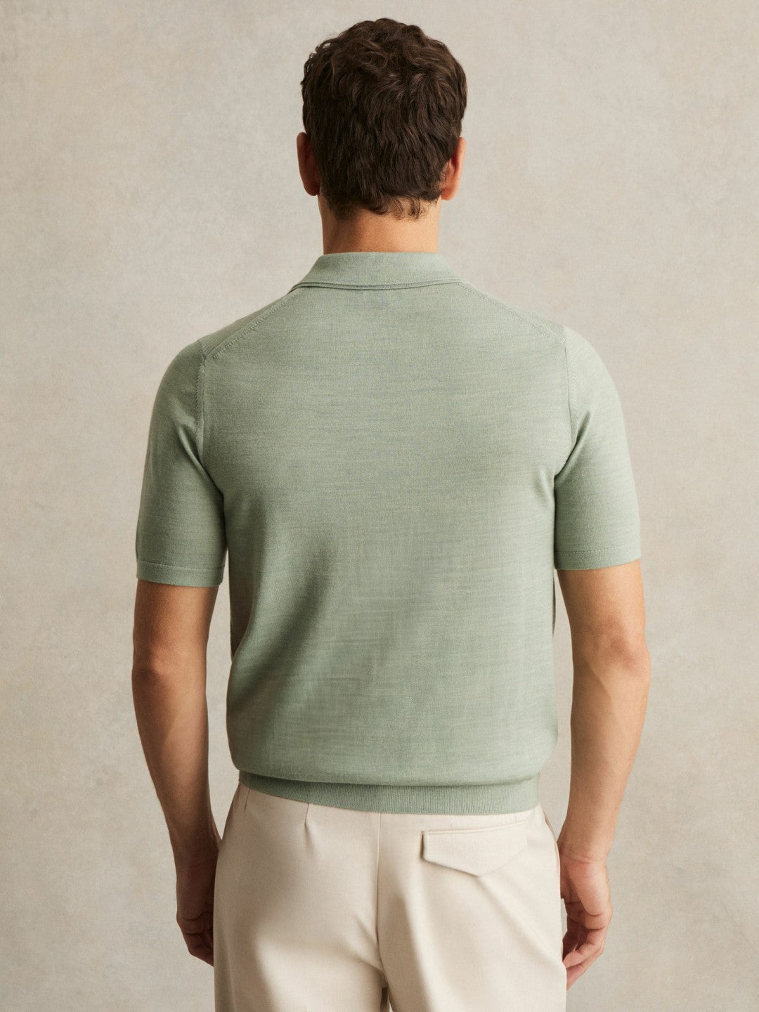 Merino Wool Open Collar Polo Shirt in Sage Green Melange Men | Reiss