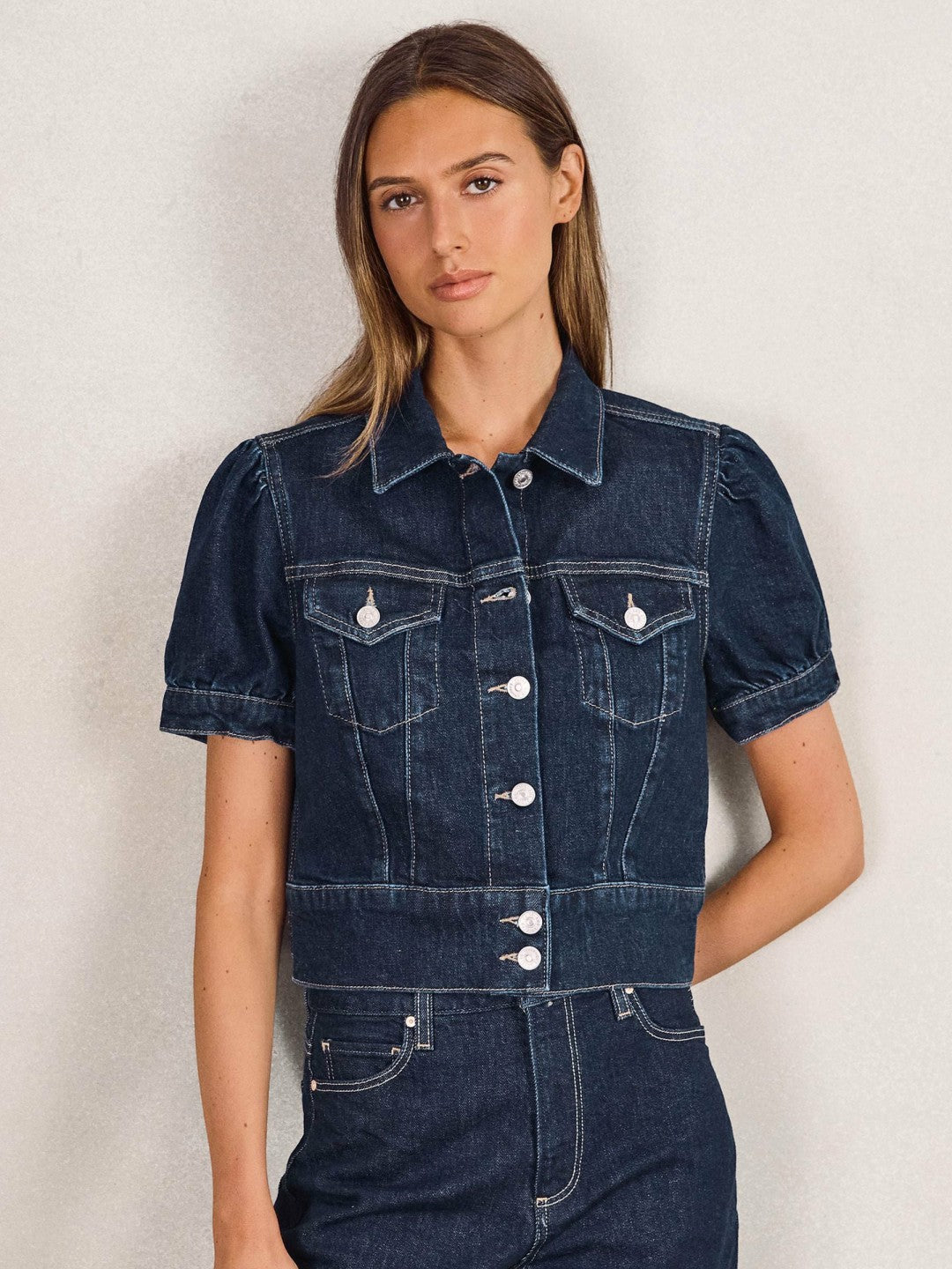 Paige Puff-Sleeve Short Denim Jacket in Emberlynn Blue Women | Reiss