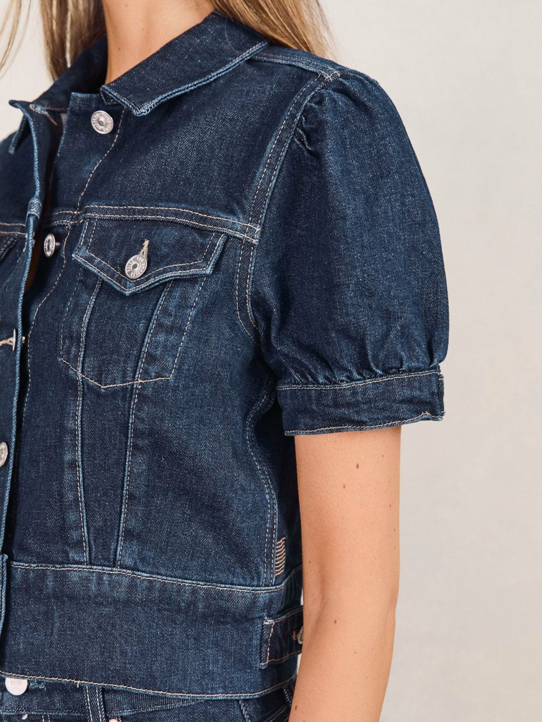 Paige Puff-Sleeve Short Denim Jacket in Emberlynn Blue Women | Reiss