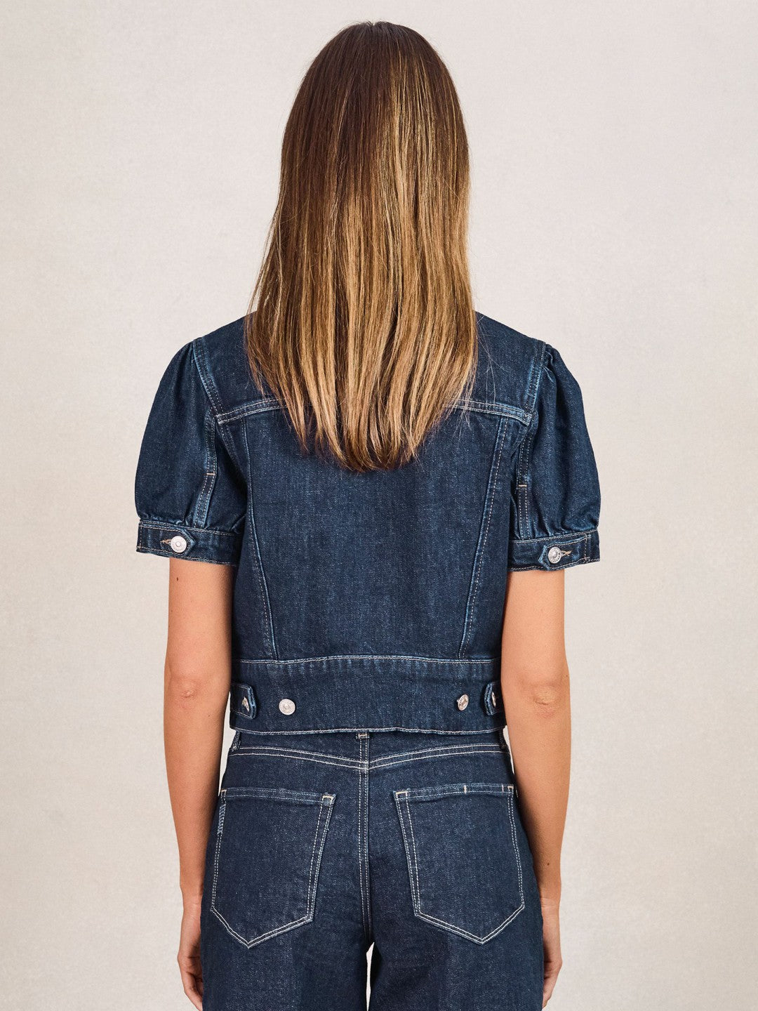 Paige Puff-Sleeve Short Denim Jacket in Emberlynn Blue Women | Reiss