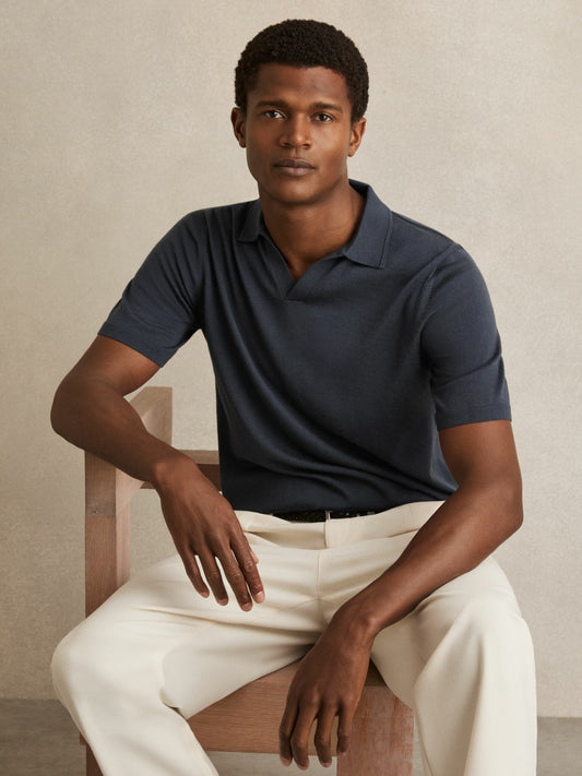 Merino Wool Open Collar Polo Shirt in Midnight Navy Men | Reiss