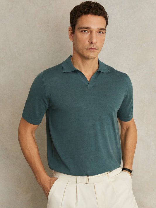 Merino Wool Open Collar Polo Shirt in Orion Blue Men | Reiss