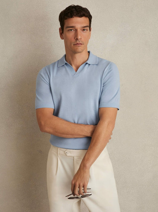 Merino Wool Open Collar Polo Shirt in Soft Blue Men | Reiss