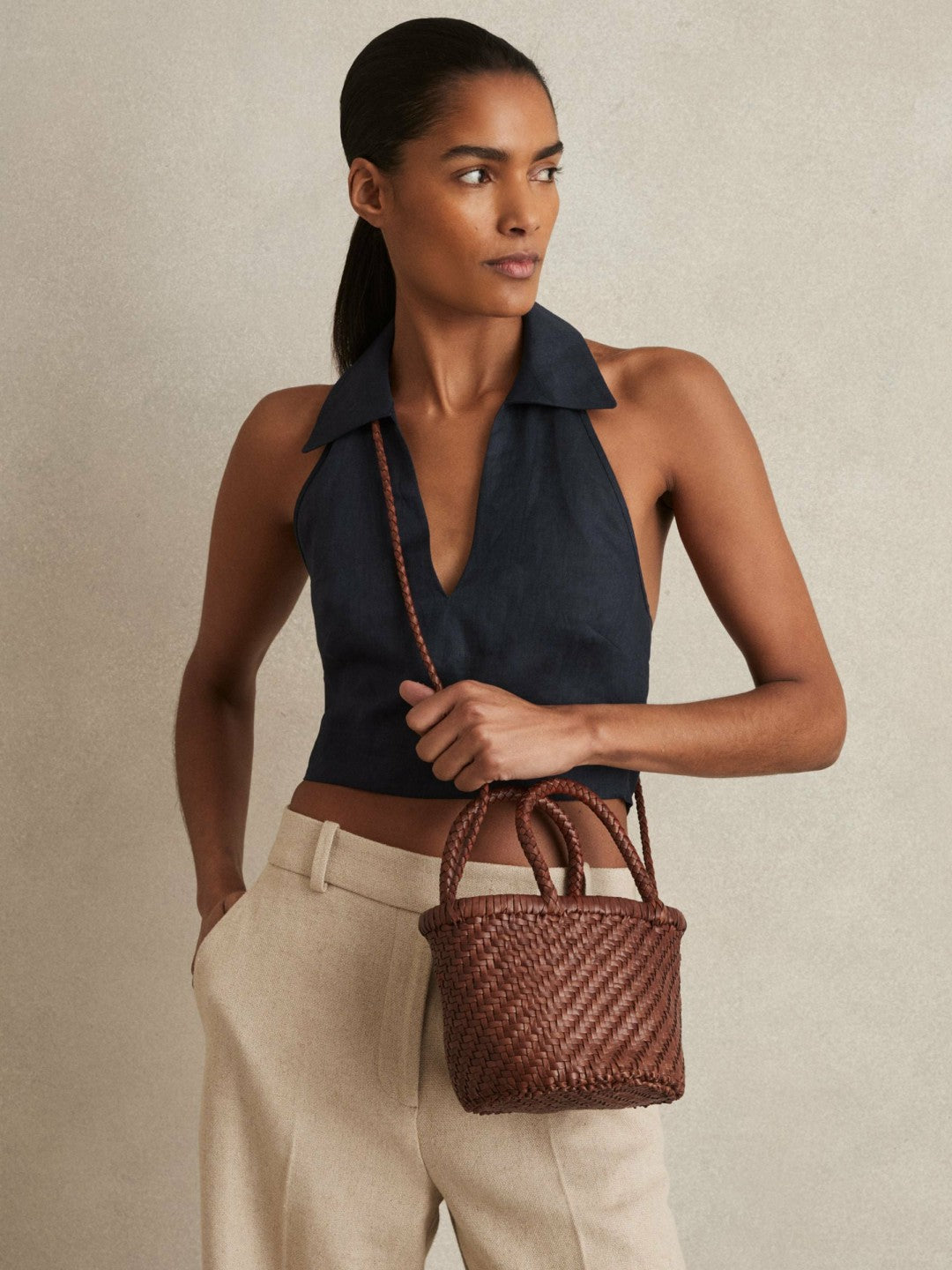 Leather Woven Mini Tote Bag in Tan Women | Reiss