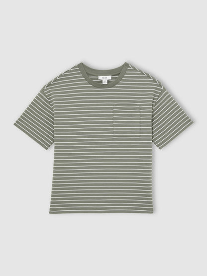 9-13 yrs Cotton-Blend Stripe T-Shirt in Sage/White Children & Baby | Reiss