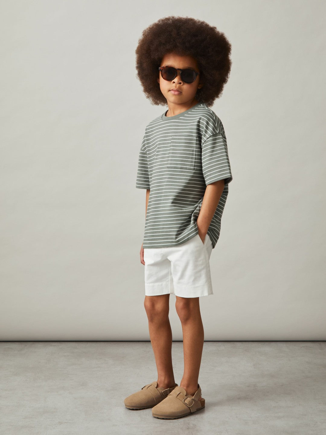 9-13 yrs Cotton-Blend Stripe T-Shirt in Sage/White Children & Baby | Reiss