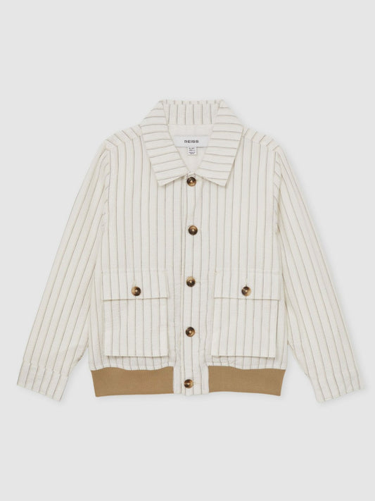 13-14 yrs Cotton Pinstripe Harrington Jacket in Off White/Taupe Brown Children & Baby | Reiss
