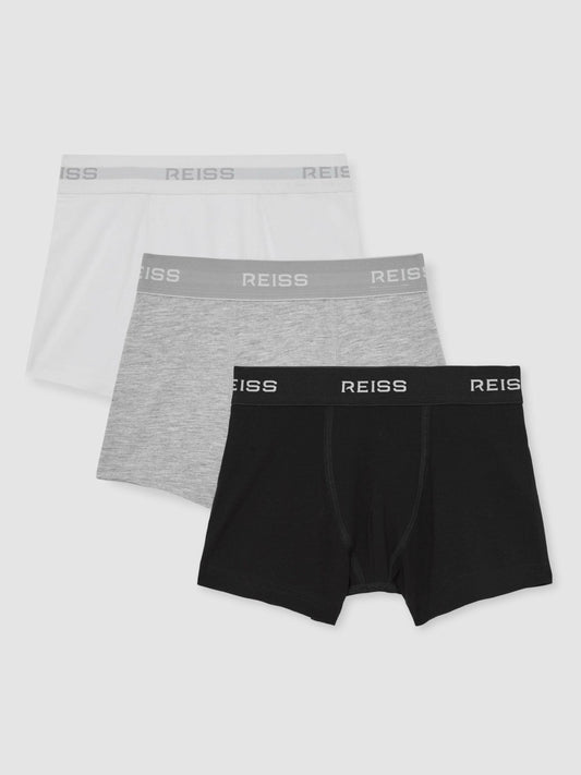 Stretch-Cotton Logo-Waistband Boxer Shorts 3 Pack in White/Grey/Black Children & Baby | Reiss