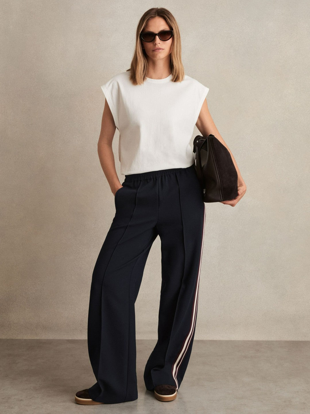Side-Stripe Wide-Leg Trousers in Navy Women | Reiss