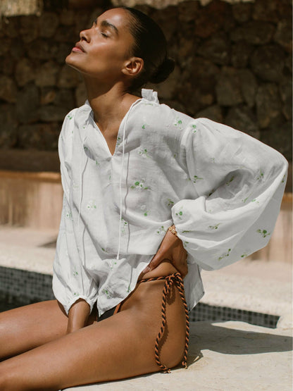 Floral-Embroidered Tie-Neck Blouse Ramie-Lyocell in Ivory Women | Reiss