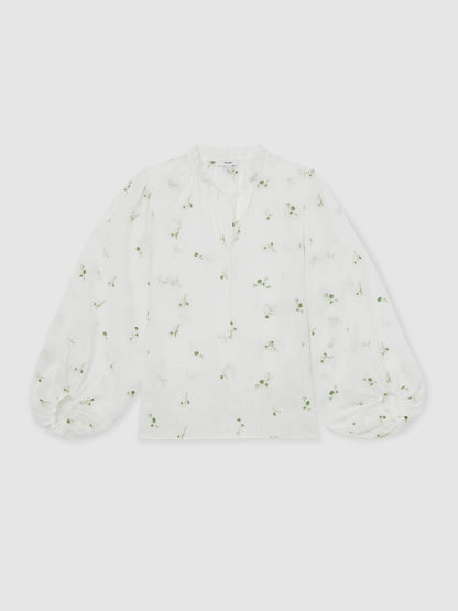 Floral-Embroidered Tie-Neck Blouse Ramie-Lyocell in Ivory Women | Reiss