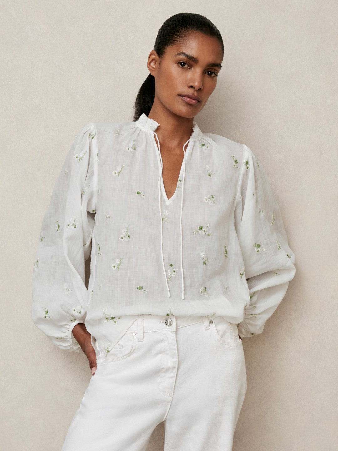 Floral-Embroidered Tie-Neck Blouse Ramie-Lyocell in Ivory Women | Reiss