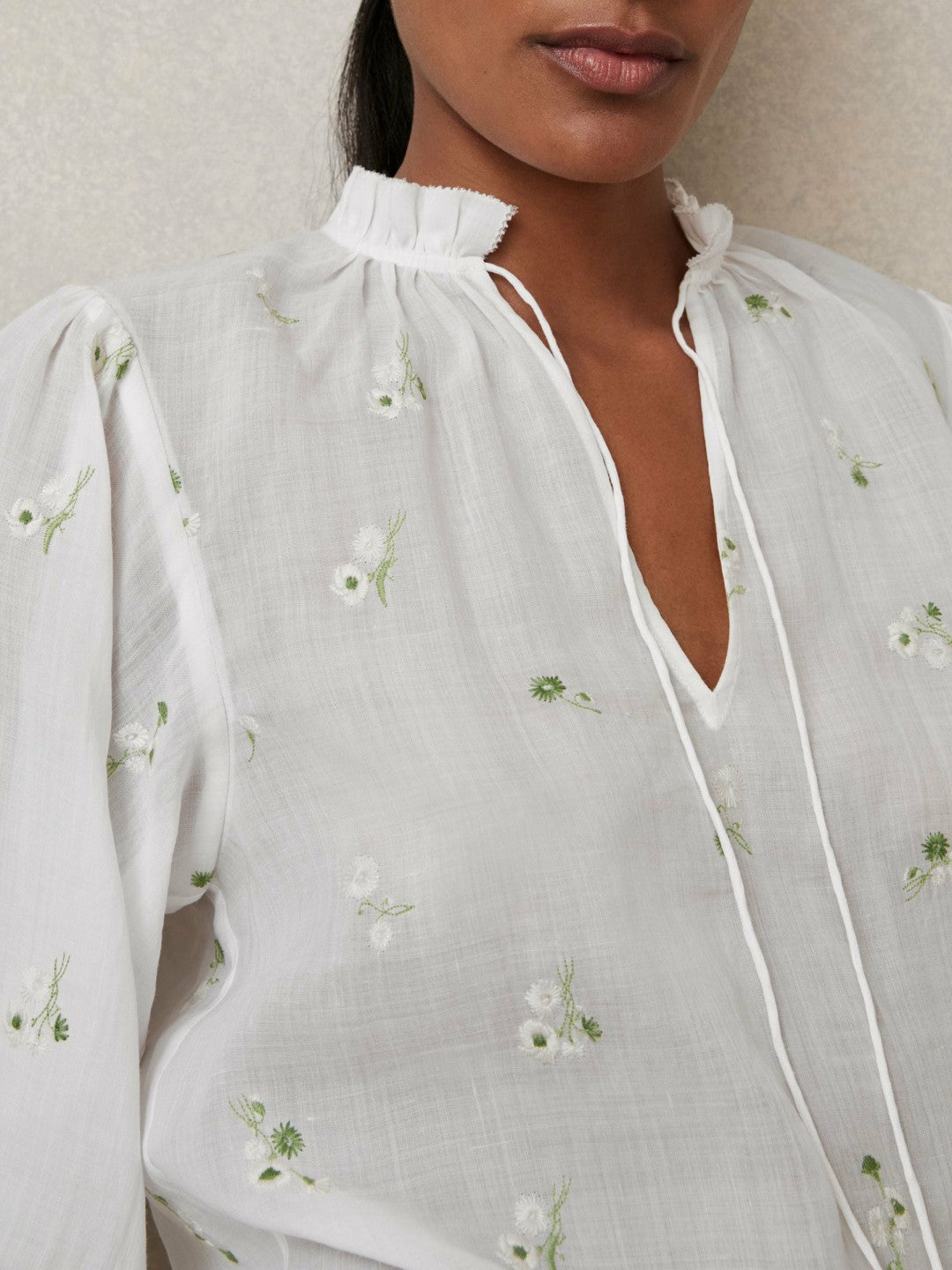 Floral-Embroidered Tie-Neck Blouse Ramie-Lyocell in Ivory Women | Reiss